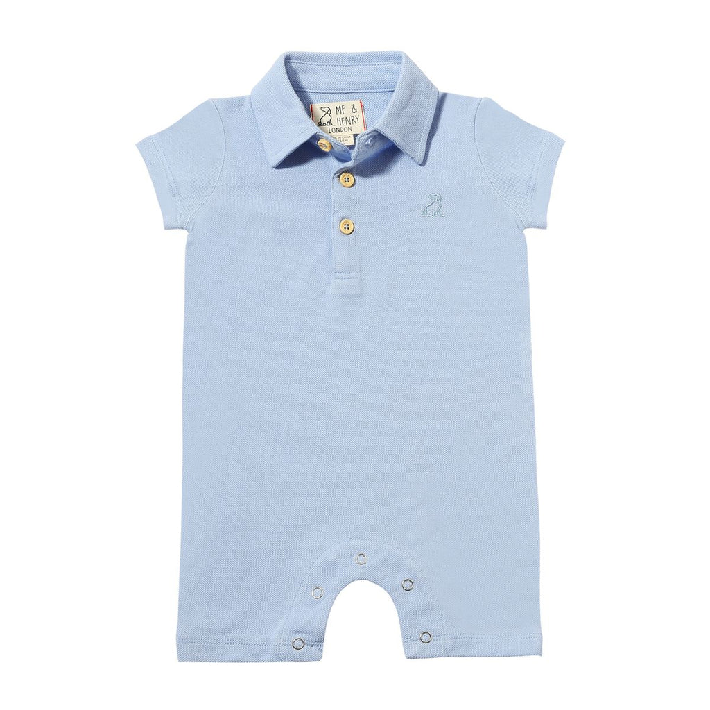 Me & Henry Pique Polo Romper in Drift Blue