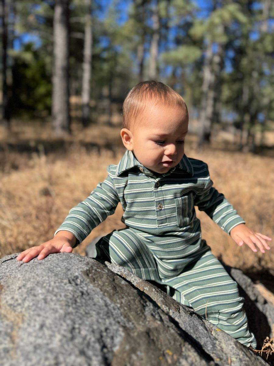Me & Henry Kingston Polo Romper in Green Double Stripe