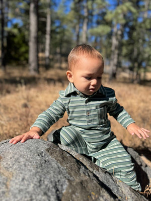 Me & Henry Kingston Polo Romper in Green Double Stripe