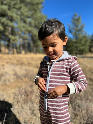 Me & Henry Stefano Hooded Romper in Burgundy Stripe