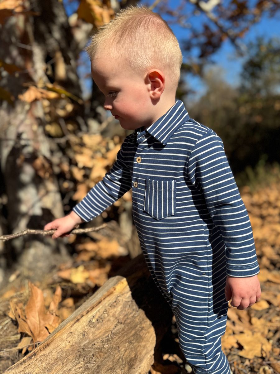 Me & Henry Kingston Polo Romper in Navy Stripe