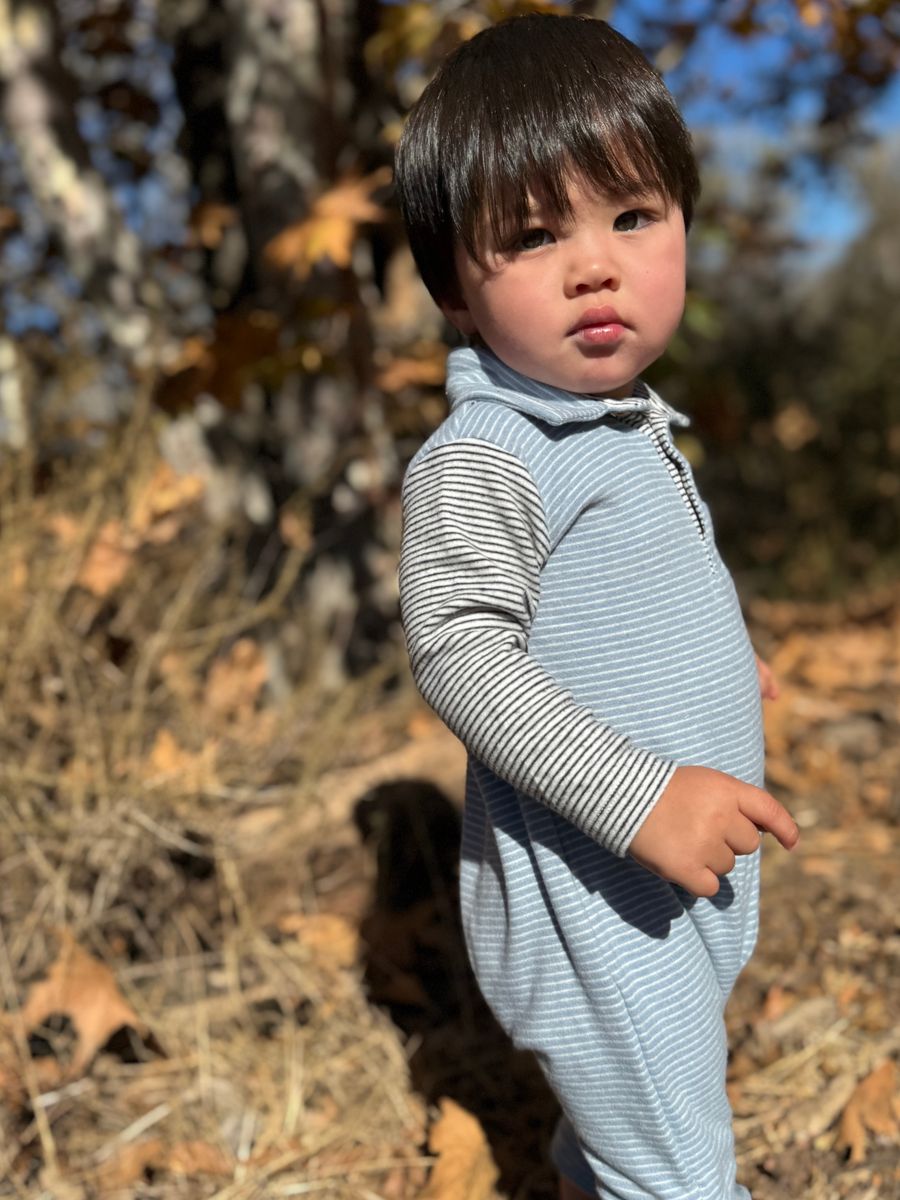Me & Henry Arlington Polo Romper in Blue and White Stripe