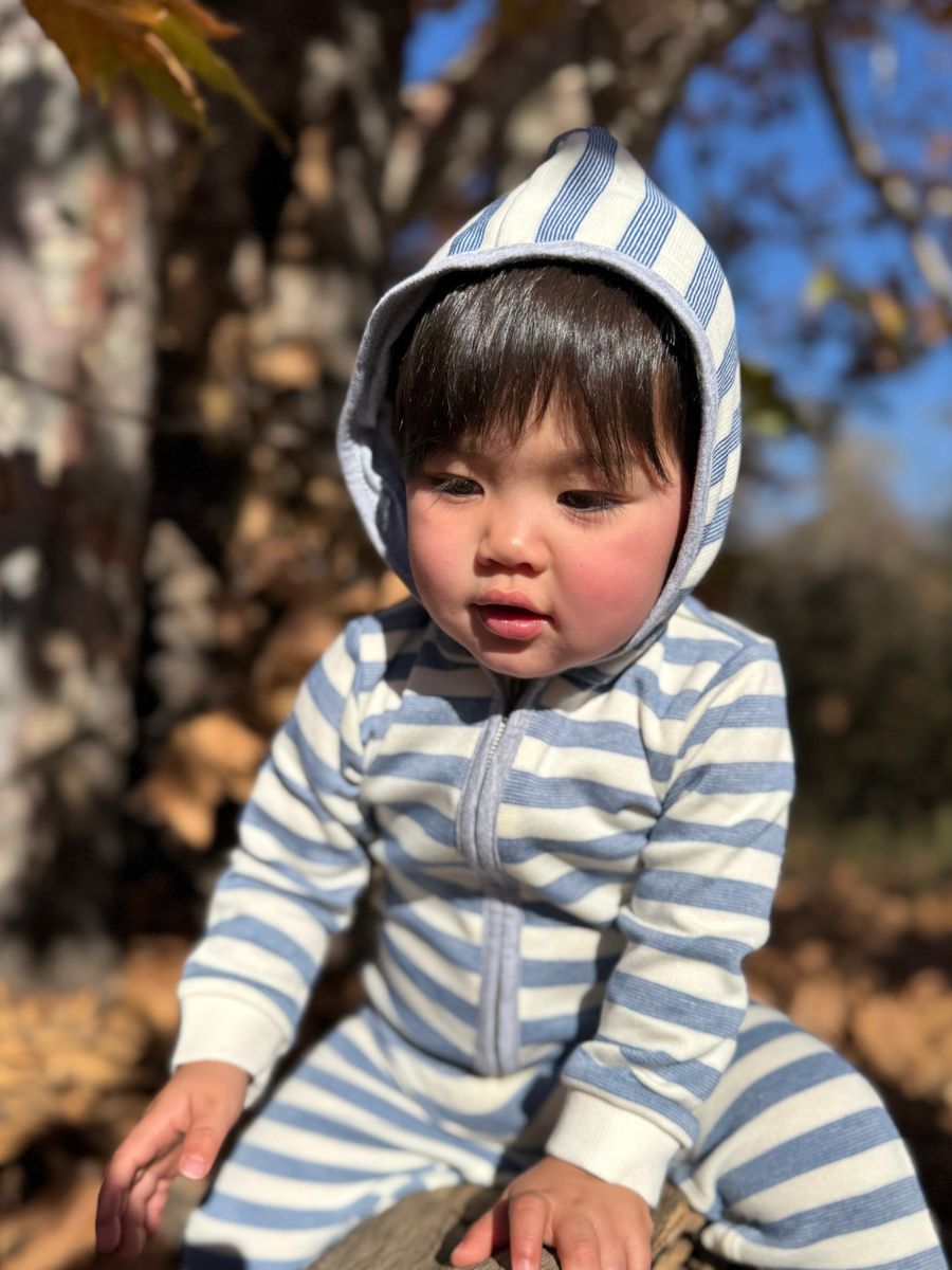 Me & Henry Stefano Hooded Romper in Blue Stripe