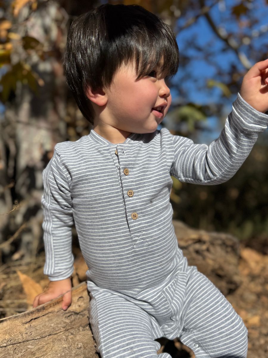 Me & Henry Mitch Henley Romper in Gray and White Stripe