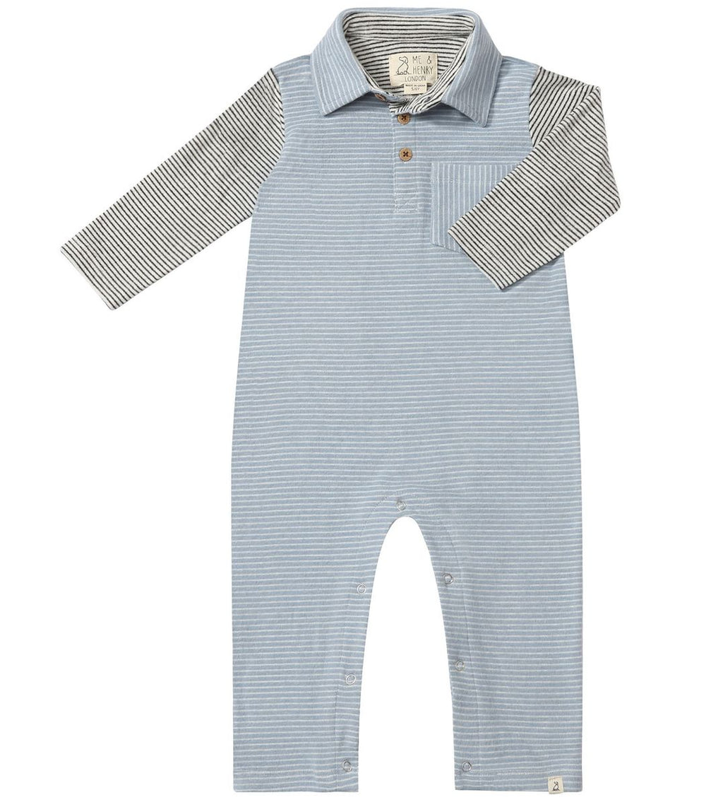 Me & Henry Arlington Polo Romper in Blue and White Stripe
