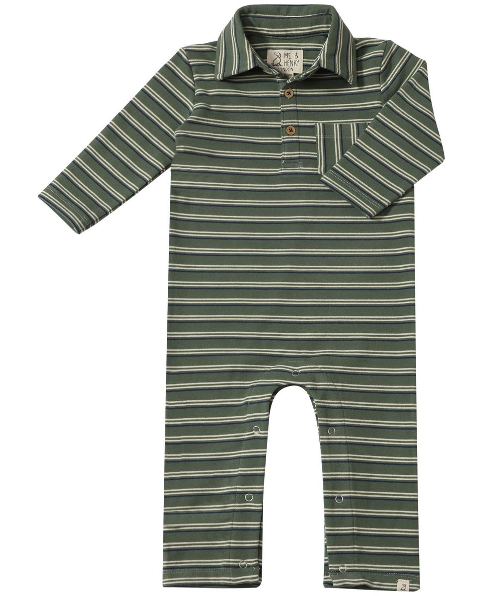 Me & Henry Kingston Polo Romper in Green Double Stripe