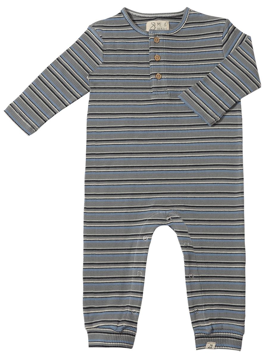 Me & Henry Mason Ribbed Henley Romper in Gray Stripe