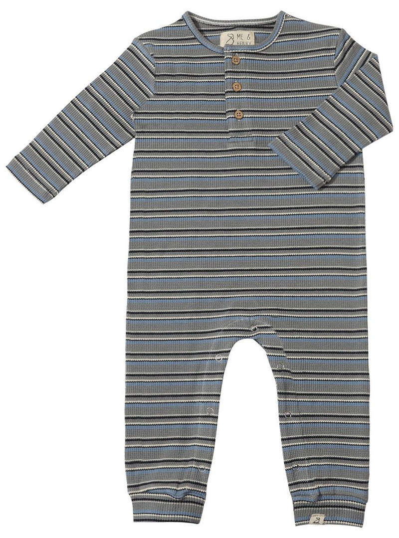 Me & Henry Mason Ribbed Henley Romper in Gray Stripe