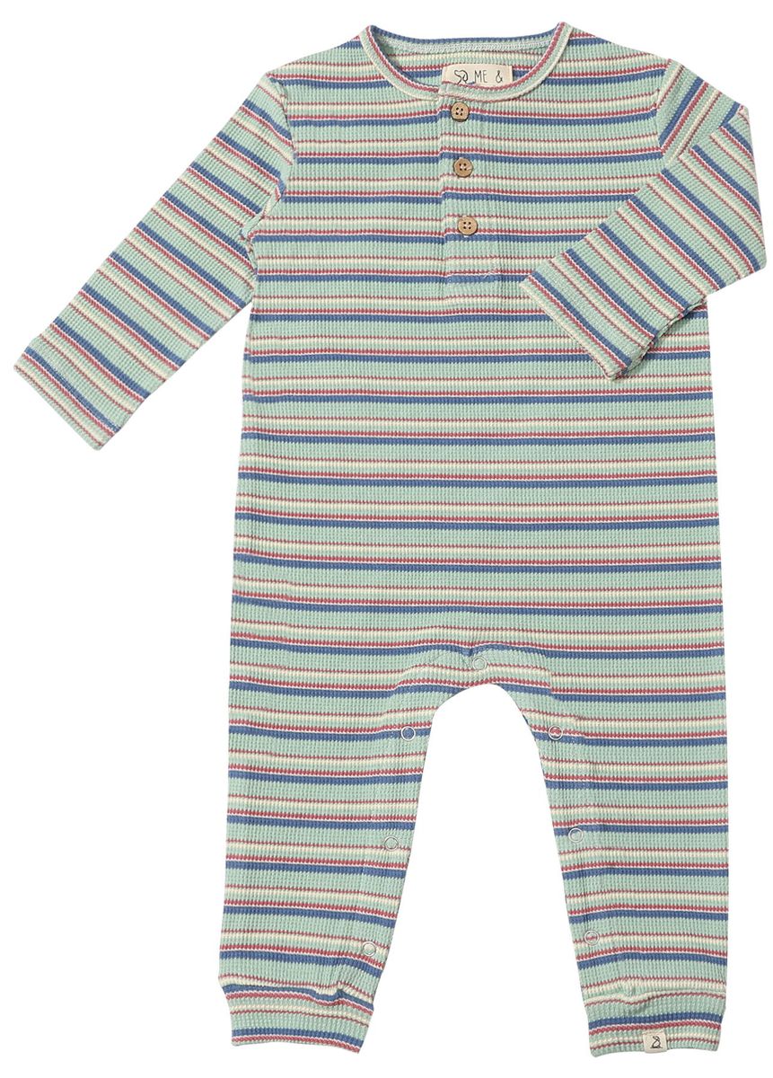 Me & Henry Mason Ribbed Henley Romper in Teal Stripe