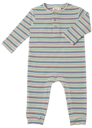Me & Henry Mason Ribbed Henley Romper in Teal Stripe