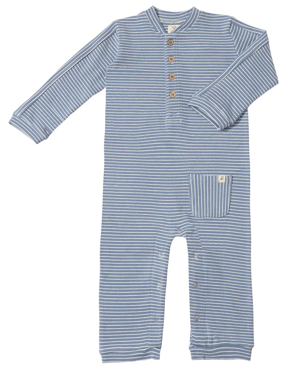 Me & Henry Mitch Henley Romper in Blue and White Stripe