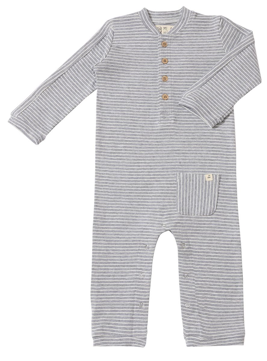 Me & Henry Mitch Henley Romper in Gray and White Stripe