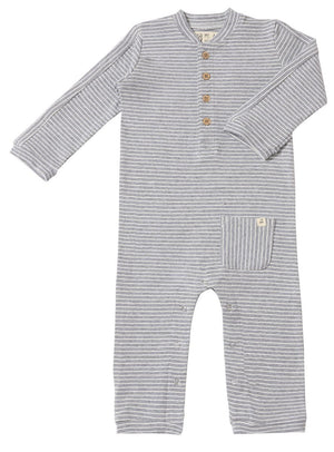 Me & Henry Mitch Henley Romper in Gray and White Stripe