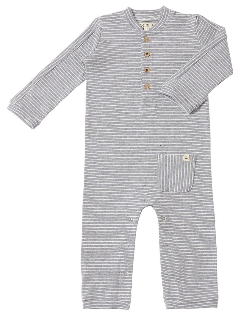Me & Henry Mitch Henley Romper in Gray and White Stripe