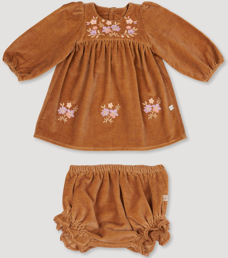 Early Sunday Joni Baby Dress & Bloomer in Almond Velvet