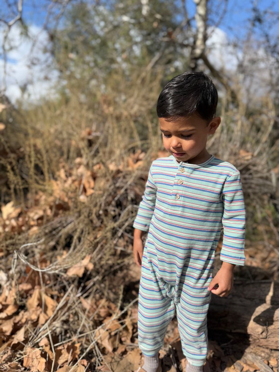 Me & Henry Mason Ribbed Henley Romper in Teal Stripe