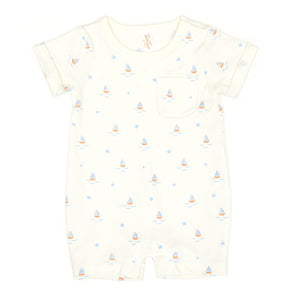 Tun Tun Short Sleeve Romper in Natural Boats