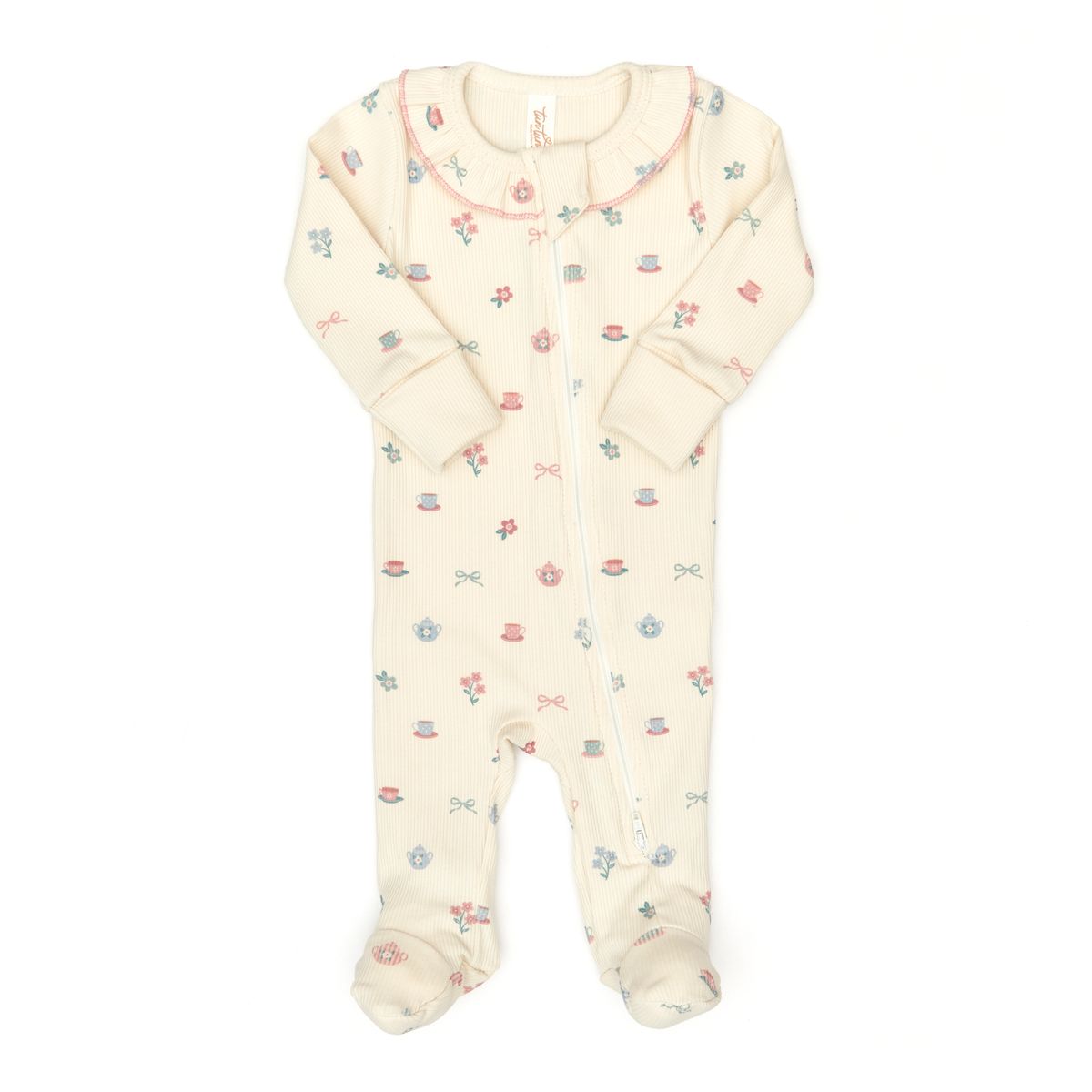Tun Tun Ruffle Double Way Zip Ribbed Footie in Tea Cups