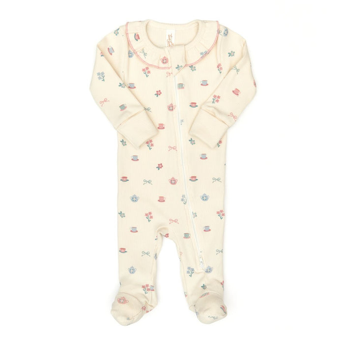 Tun Tun Ruffle Double Way Zip Ribbed Footie in Tea Cups