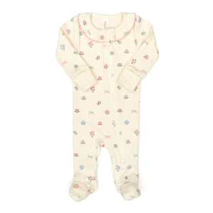 Tun Tun Ruffle Double Way Zip Ribbed Footie in Tea Cups