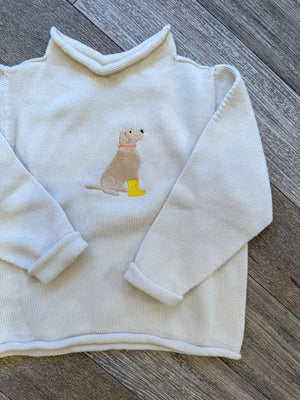 A Soft Idea Yellow Lab in Rainboots Roll Neck Sweater in Natural
