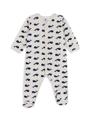 Petit Bateau Velour Whale Footie in Grey/Navy