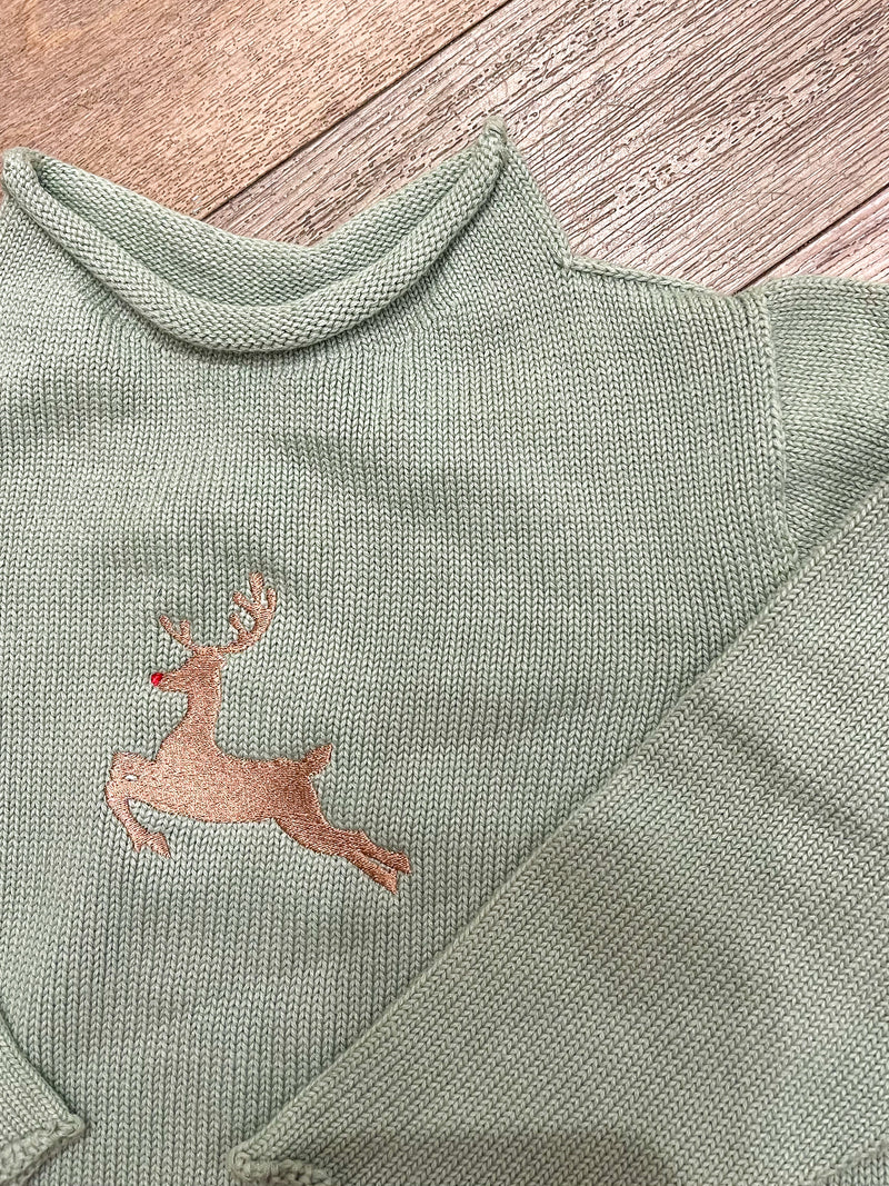 A Soft Idea Roll Neck Sweater in Sage with Reindeer