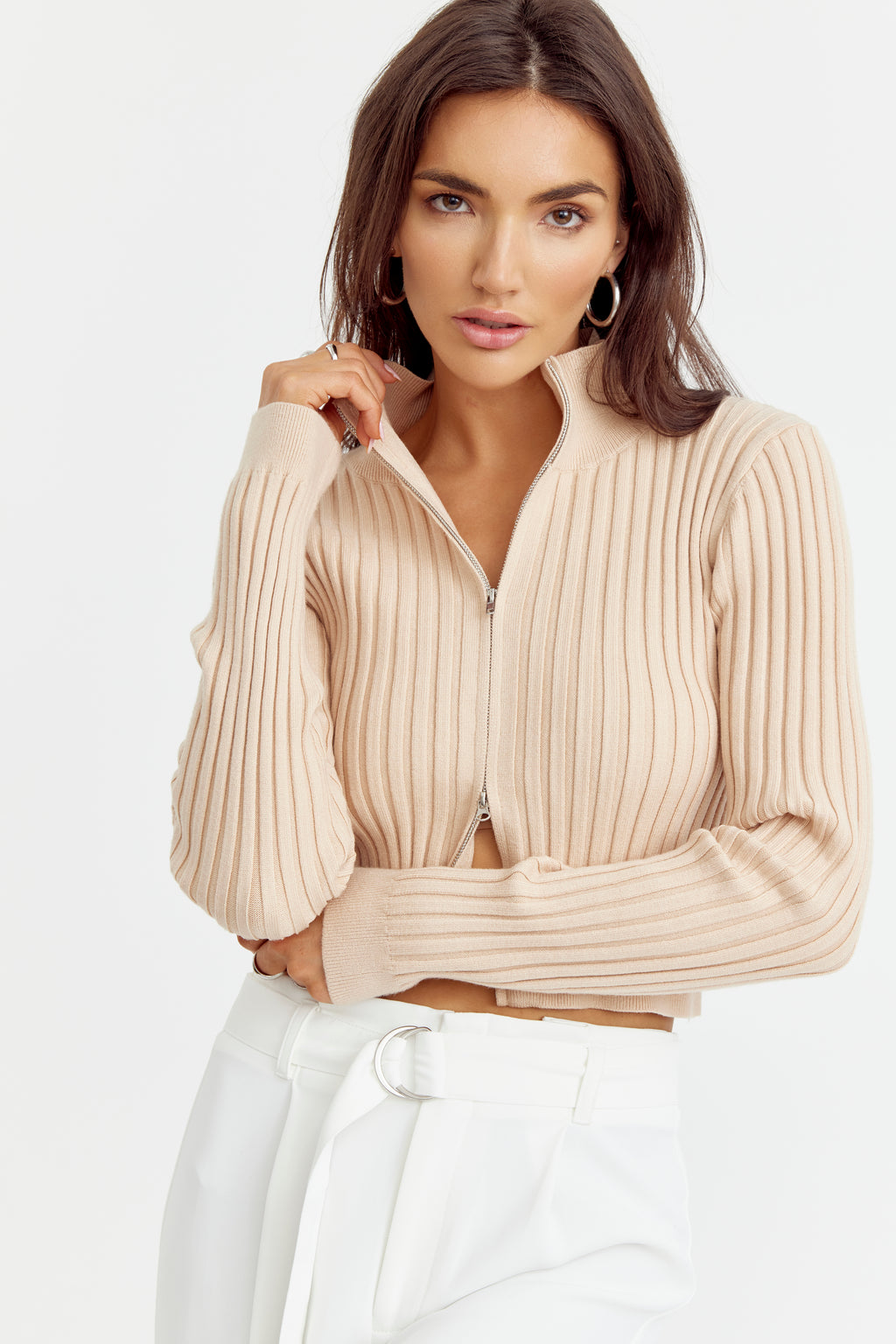 Greylin Val Zip Front Knit Top in Wheat