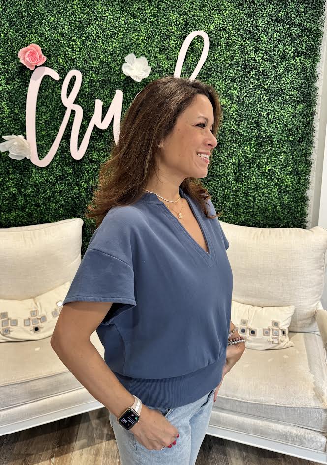 Elan Cap Sleeve V-Neck Top in Blue