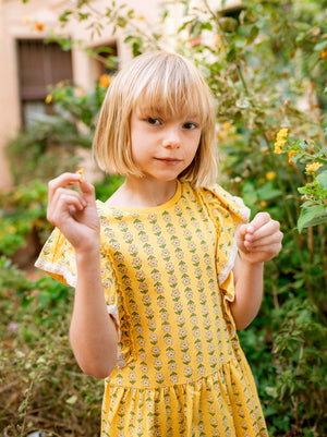 Tea Collection Crochet Trim Ruffle Dress in Vintage Floral Tile