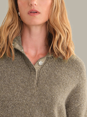 525 America Boxy Snap Front Henley Sweater in Mushroom Melange