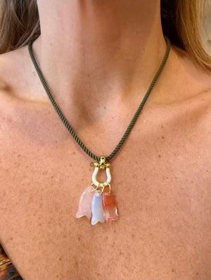 Forever Blythe Three Little Fishes Pendant Necklace in Rose Quartz, White Opal, and Pink Quartz