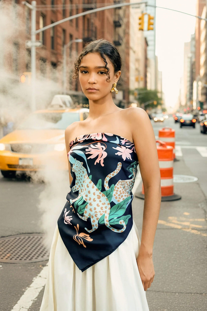 Jessie Zhao New York Double Sided Silk 35" Scarf in Night Garden Jungle Gathering