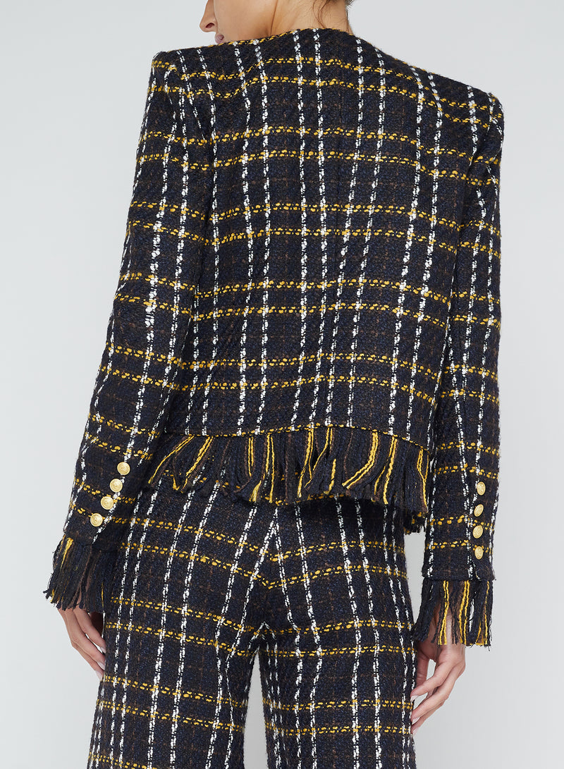 L'Agence Belmont Fringe Jacket in Black/Yellow Multi Plaid