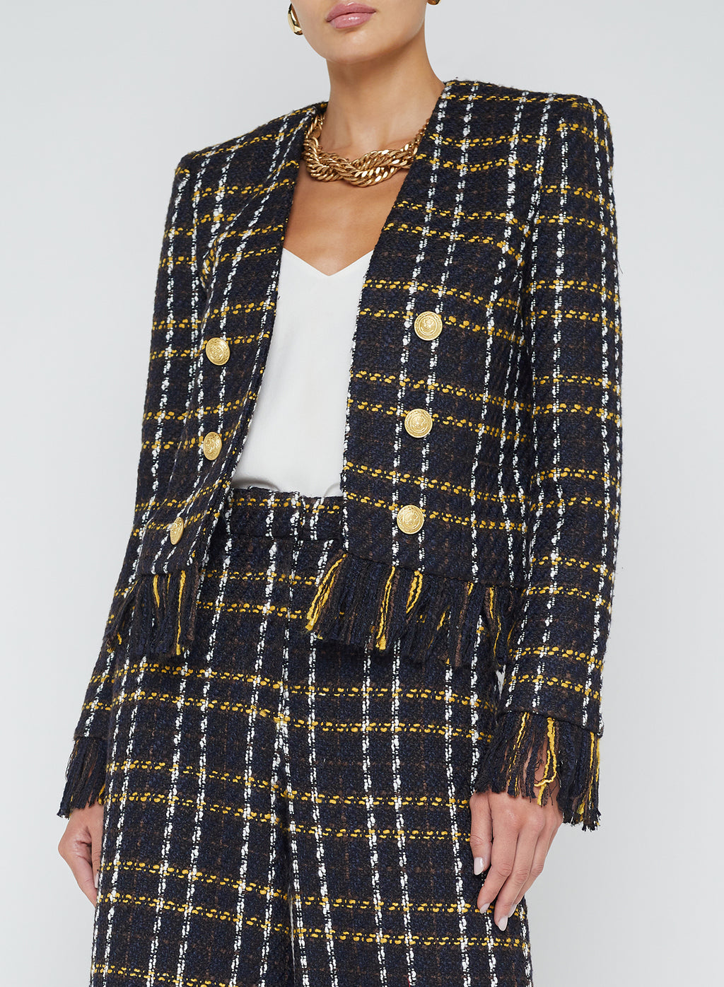 L'Agence Belmont Fringe Jacket in Black/Yellow Multi Plaid