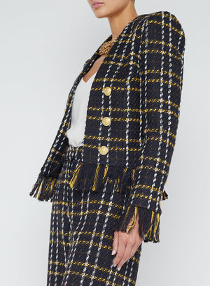 L'Agence Belmont Fringe Jacket in Black/Yellow Multi Plaid