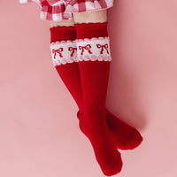 Little Stocking Co Red & Pink Bow Scalloped Knee High Socks