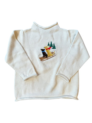 A Soft Idea Roll Neck Sweater in Cream with Dogs on Sled