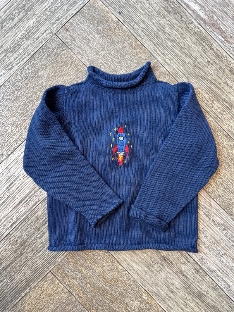 A Soft Idea Rocket Ship Roll Neck Sweater in Navy