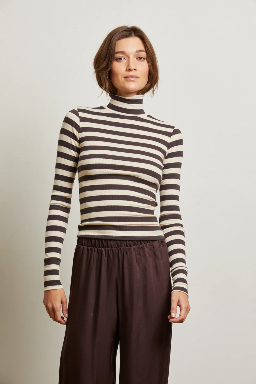 perfectwhitetee Hayden Stripe Turtleneck in Mocha