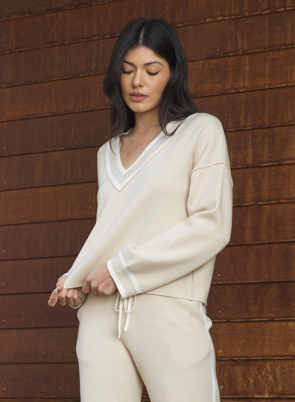 Stitches + Stripes Reed V-neck Sweater in Clay Combo