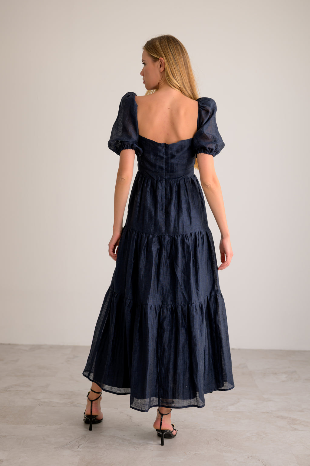 Lavender Brown Zoie Puff Sleeve Midi Dress with Cutout in Ink Navy