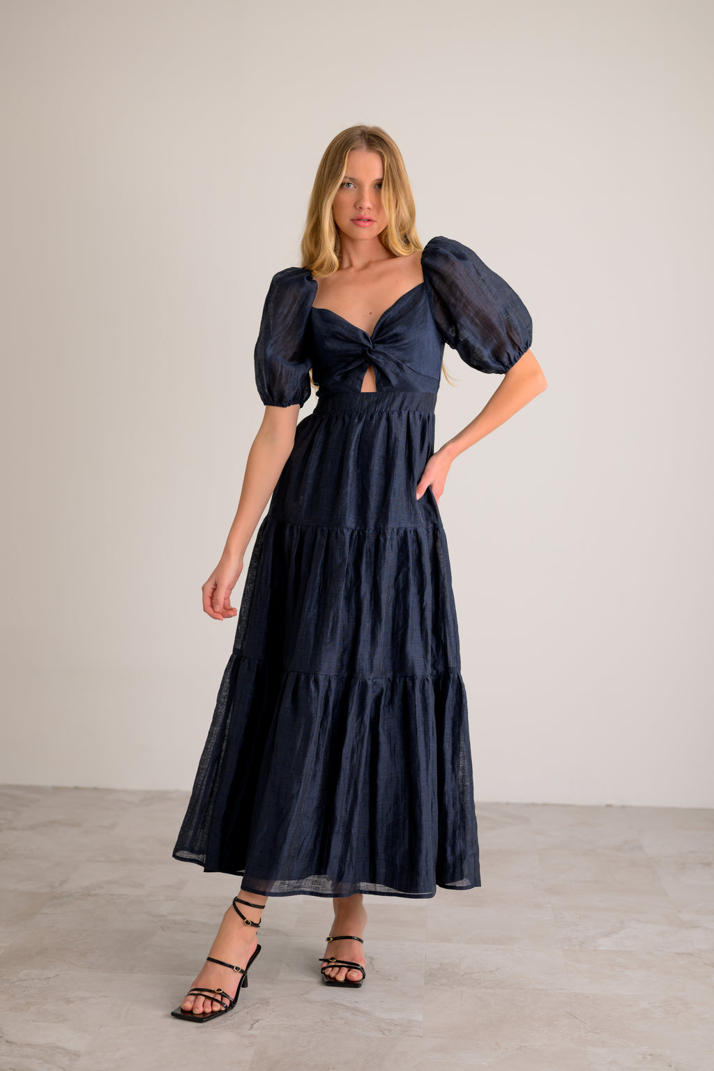 Lavender Brown Zoie Puff Sleeve Midi Dress with Cutout in Ink Navy