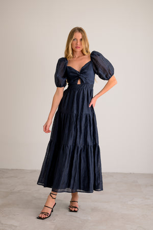 Lavender Brown Zoie Puff Sleeve Midi Dress with Cutout in Ink Navy