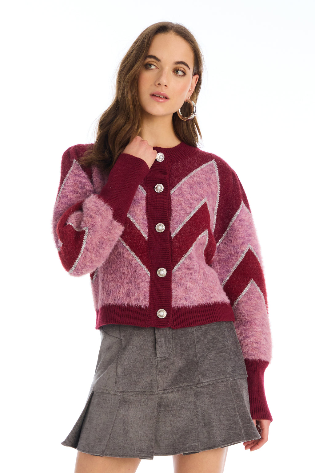 Allison Fuzzy Chevron Cardigan in Deep Red