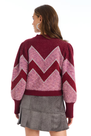Allison Fuzzy Chevron Cardigan in Deep Red