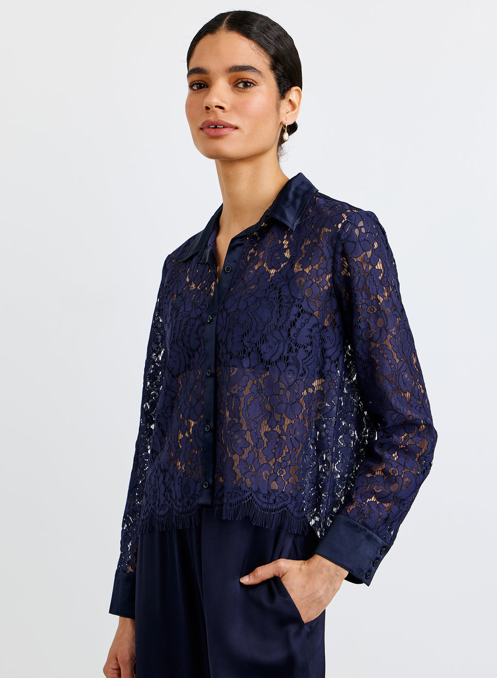 Bella Dahl Lace Contrast Button Down in Midnight Sky