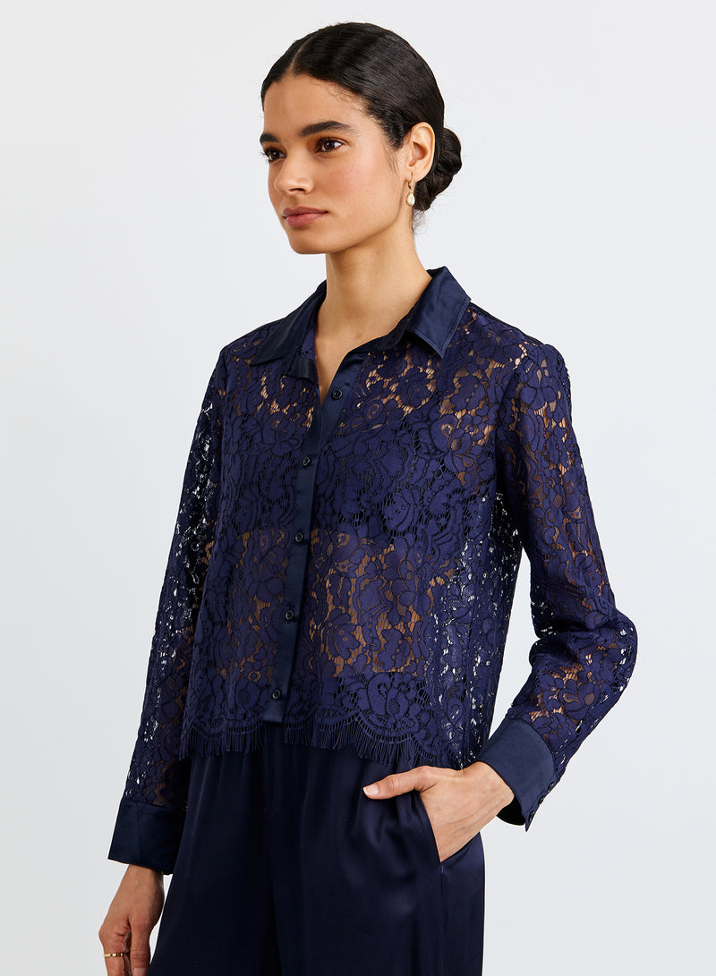 Bella Dahl Lace Contrast Button Down in Midnight Sky