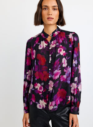Bella Dahl Shirred Button Up Blouse in Berry Bloom
