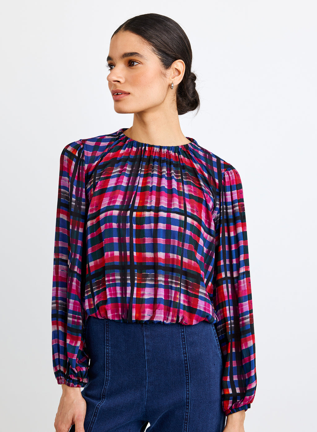 Bella Dahl Elastic Shirred Top in winter plaid